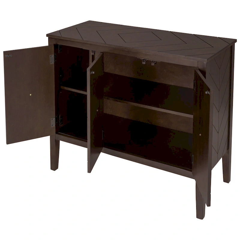 3-Door Storage Sideboard Cabinet with Adjustable Shelves and Pinewood Legs, Brown, Navy Blue, Grey