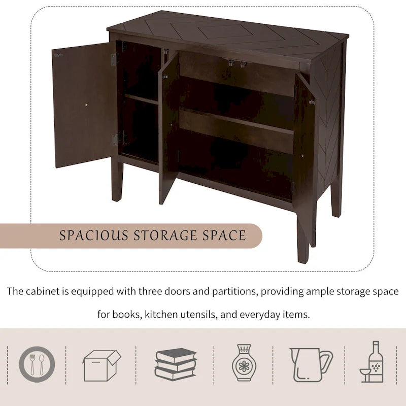 3-Door Storage Sideboard Cabinet with Adjustable Shelves and Pinewood Legs, Brown, Navy Blue, Grey