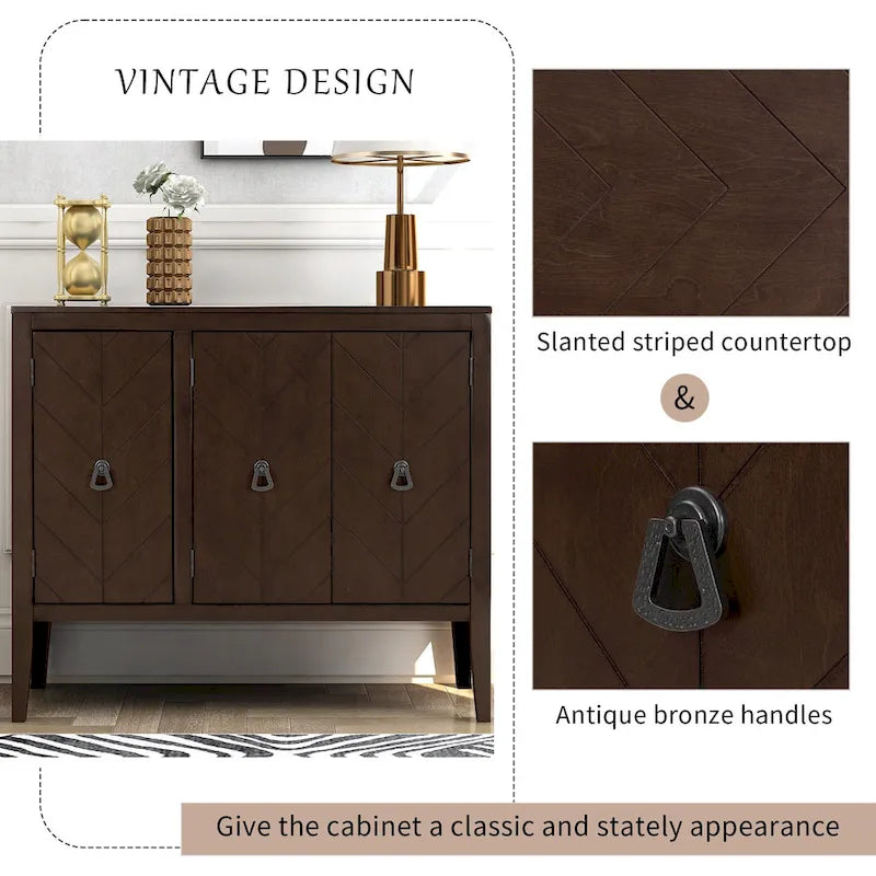 3-Door Storage Sideboard Cabinet with Adjustable Shelves and Pinewood Legs, Brown, Navy Blue, Grey