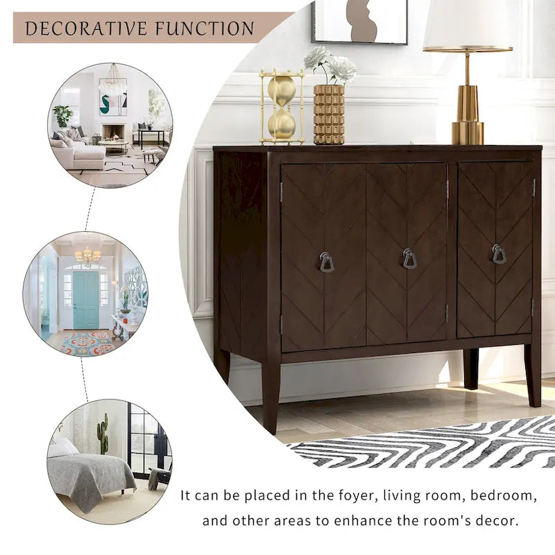 3-Door Storage Sideboard Cabinet with Adjustable Shelves and Pinewood Legs, Brown, Navy Blue, Grey