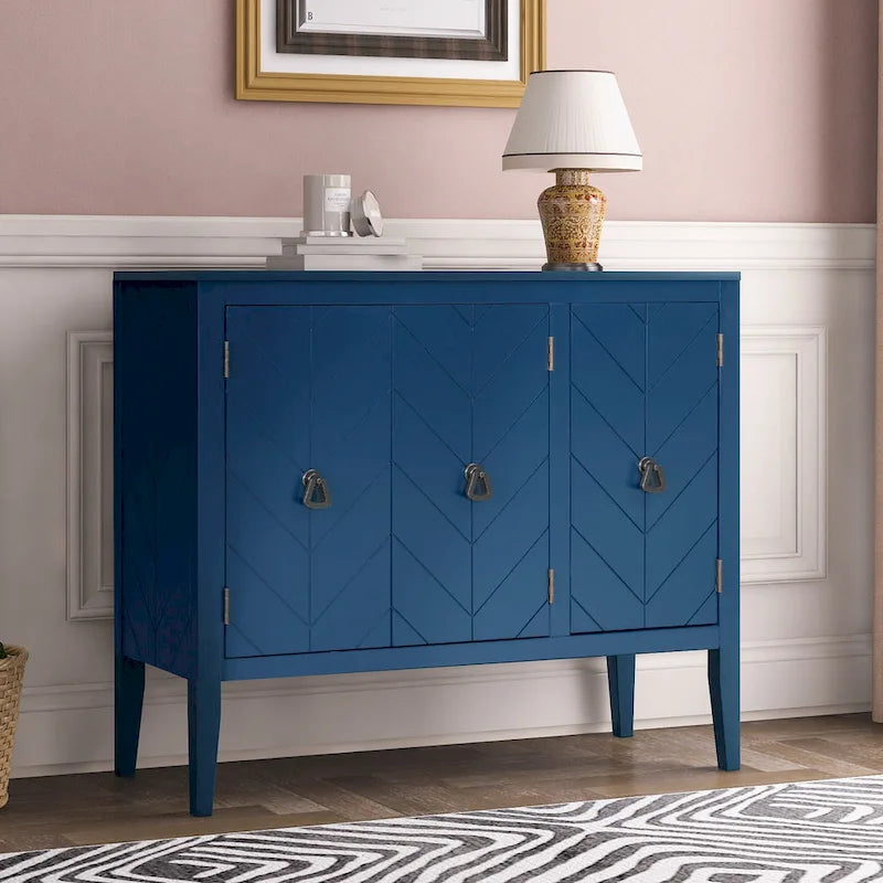 3-Door Storage Sideboard Cabinet with Adjustable Shelves and Pinewood Legs, Brown, Navy Blue, Grey