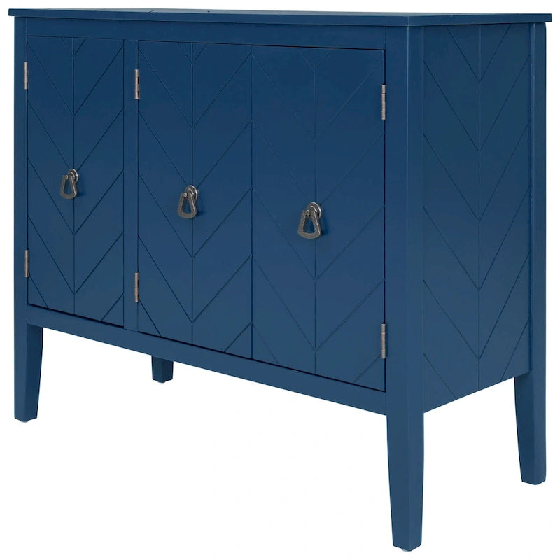 3-Door Storage Sideboard Cabinet with Adjustable Shelves and Pinewood Legs, Brown, Navy Blue, Grey