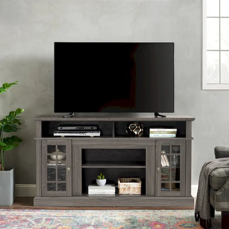 58-Inch TV Stand with Open Shelves and Glass Door Cabinets, Dark Walnut