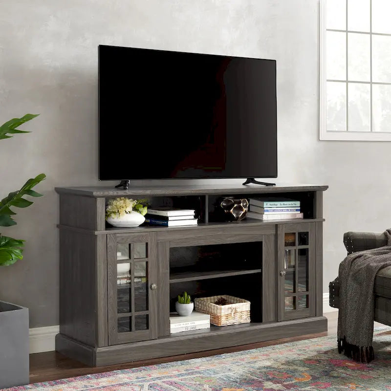 58-Inch TV Stand with Open Shelves and Glass Door Cabinets, Dark Walnut
