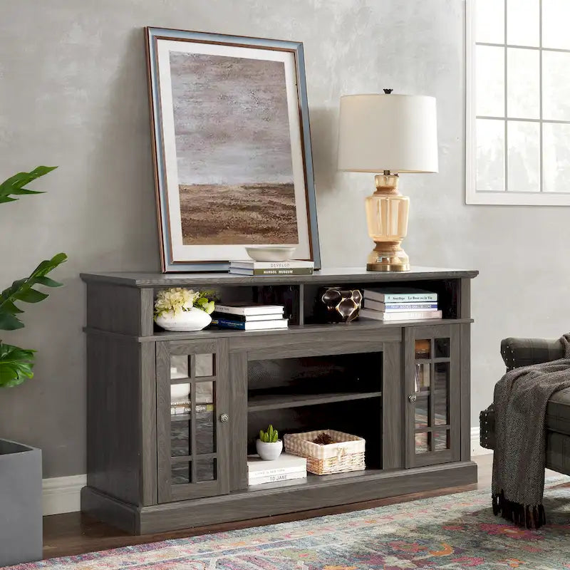 58-Inch TV Stand with Open Shelves and Glass Door Cabinets, Dark Walnut