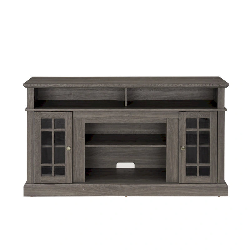 58-Inch TV Stand with Open Shelves and Glass Door Cabinets, Dark Walnut