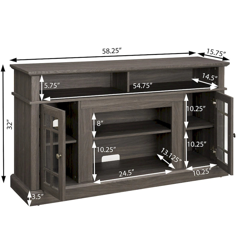 58-Inch TV Stand with Open Shelves and Glass Door Cabinets, Dark Walnut
