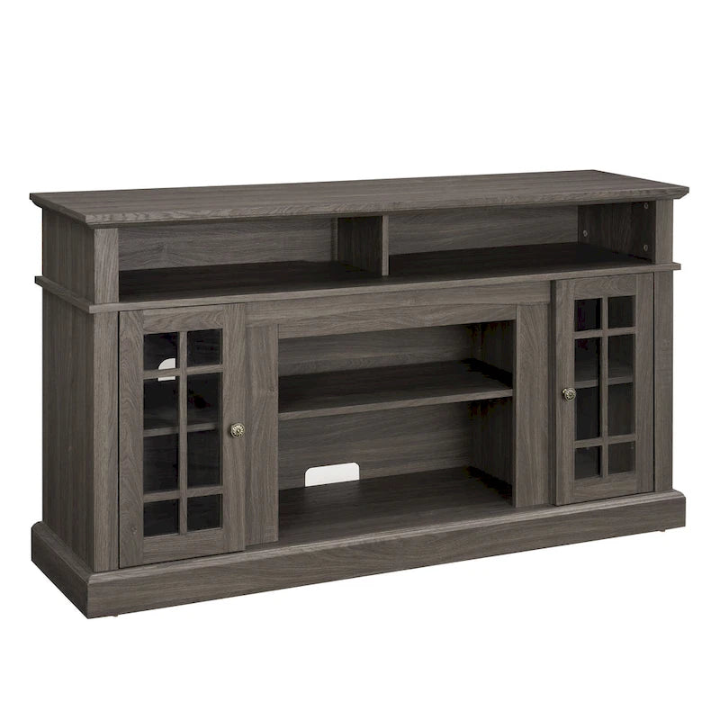 58-Inch TV Stand with Open Shelves and Glass Door Cabinets, Dark Walnut