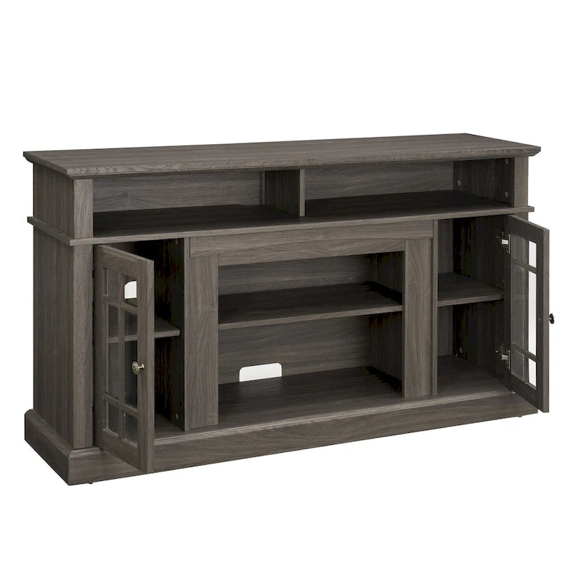 58-Inch TV Stand with Open Shelves and Glass Door Cabinets, Dark Walnut