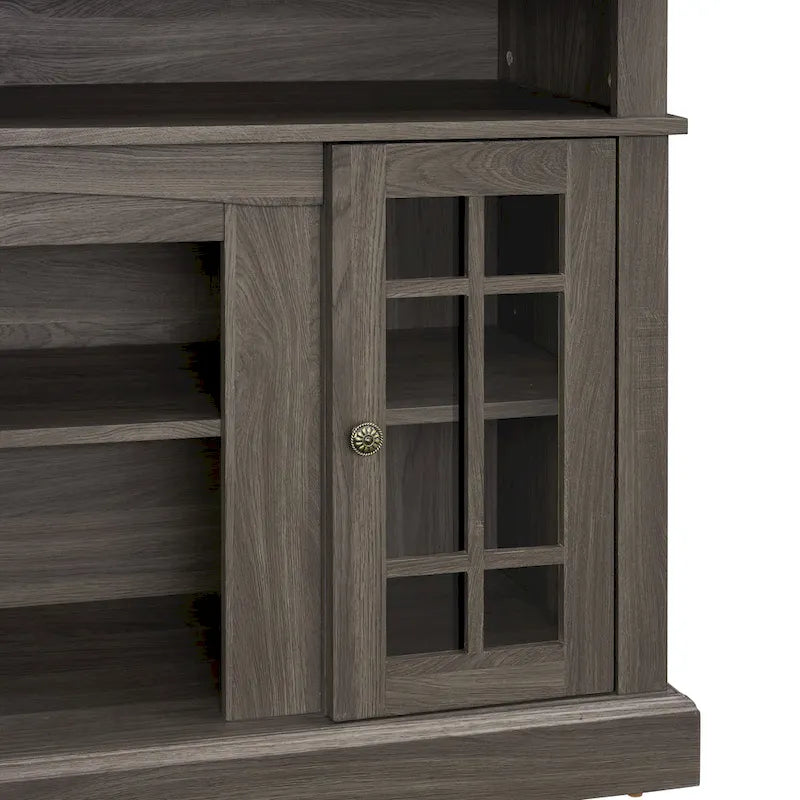 58-Inch TV Stand with Open Shelves and Glass Door Cabinets, Dark Walnut
