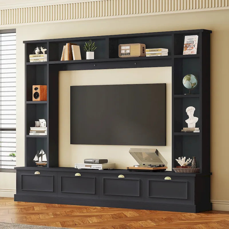 104-Inch Entertainment Wall Unit with Bookshelves and 4-Door Cabinet, Black