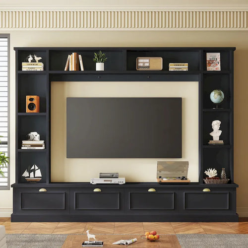 104-Inch Entertainment Wall Unit with Bookshelves and 4-Door Cabinet, Black