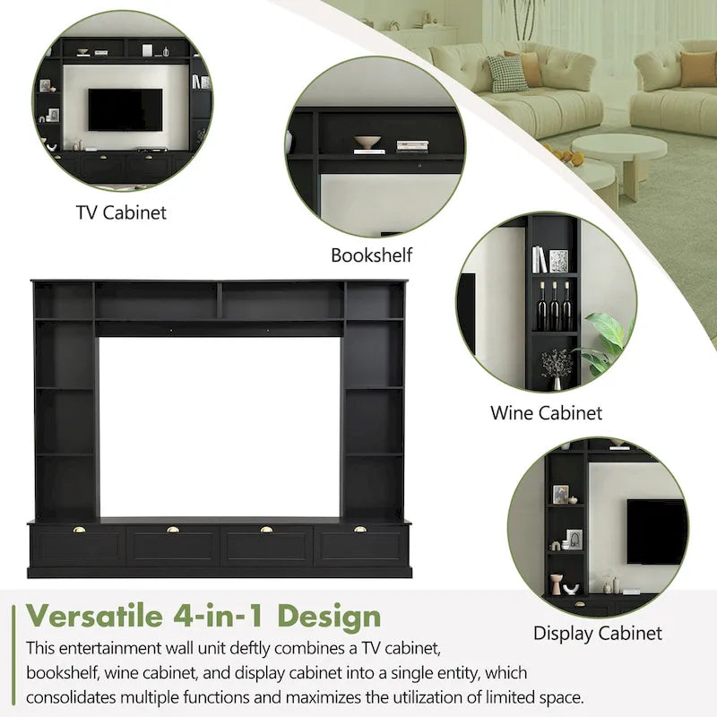 104-Inch Entertainment Wall Unit with Bookshelves and 4-Door Cabinet, Black