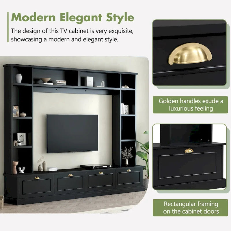 104-Inch Entertainment Wall Unit with Bookshelves and 4-Door Cabinet, Black