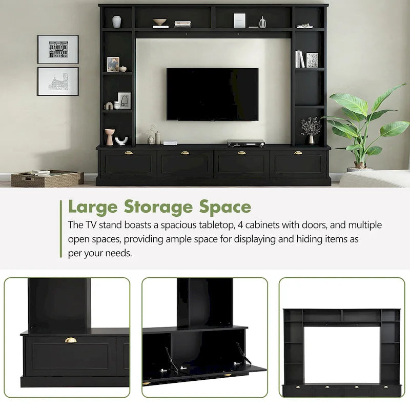 104-Inch Entertainment Wall Unit with Bookshelves and 4-Door Cabinet, Black