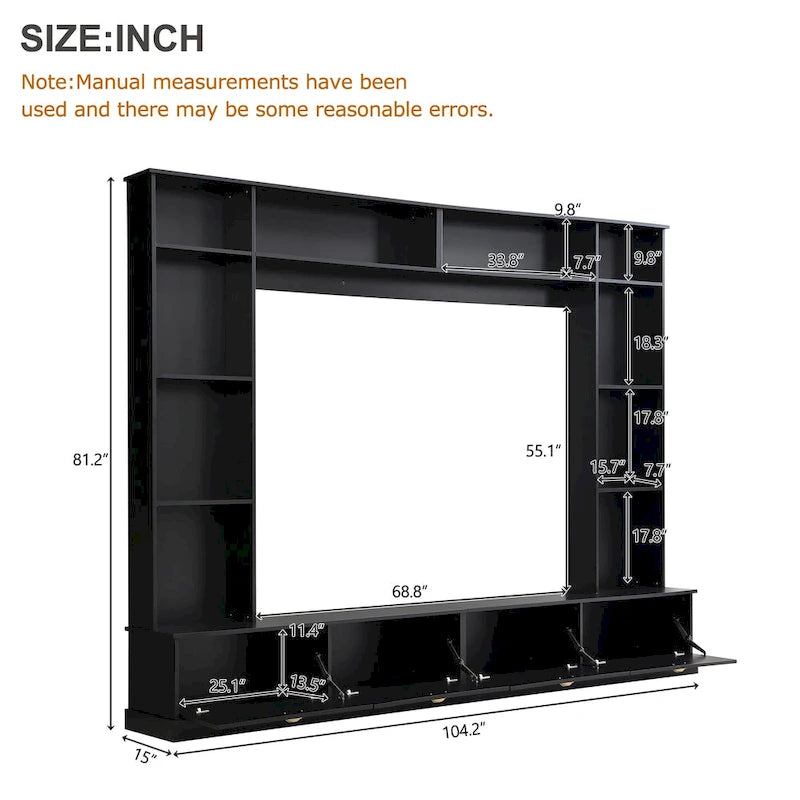 104-Inch Entertainment Wall Unit with Bookshelves and 4-Door Cabinet, Black