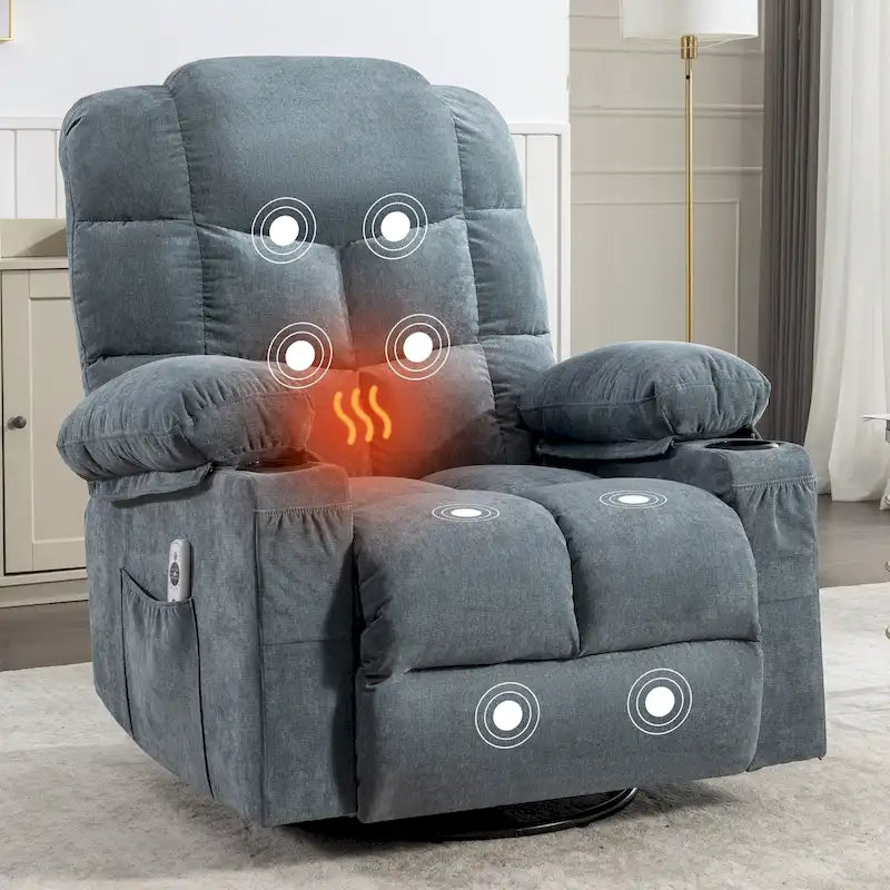Oversized Massage Rocker Recliner with Heat and USB Charging, Blue Brown Grey