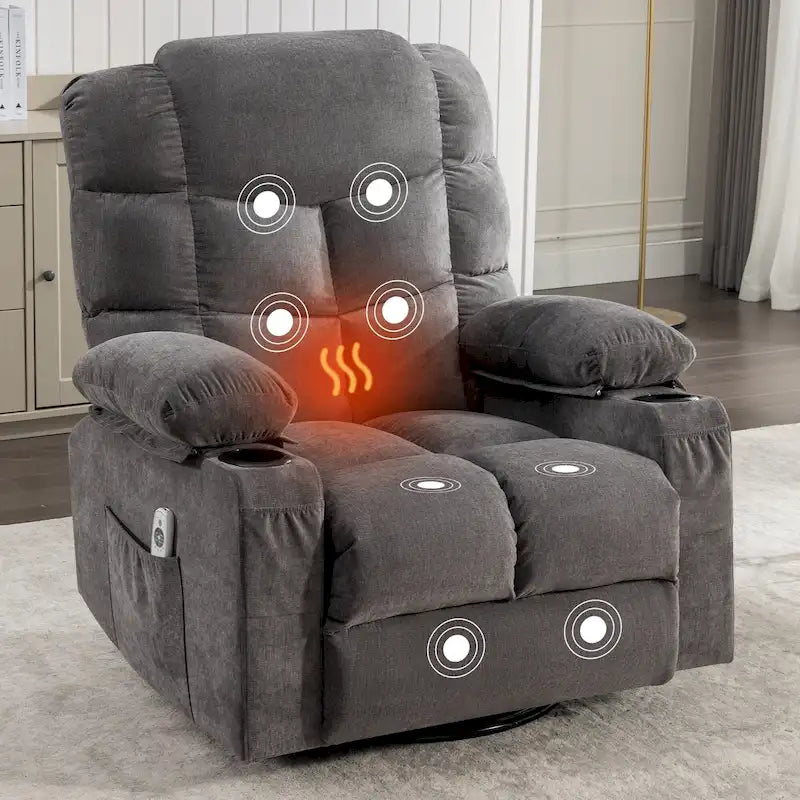Oversized Massage Rocker Recliner with Heat and USB Charging, Blue Brown Grey
