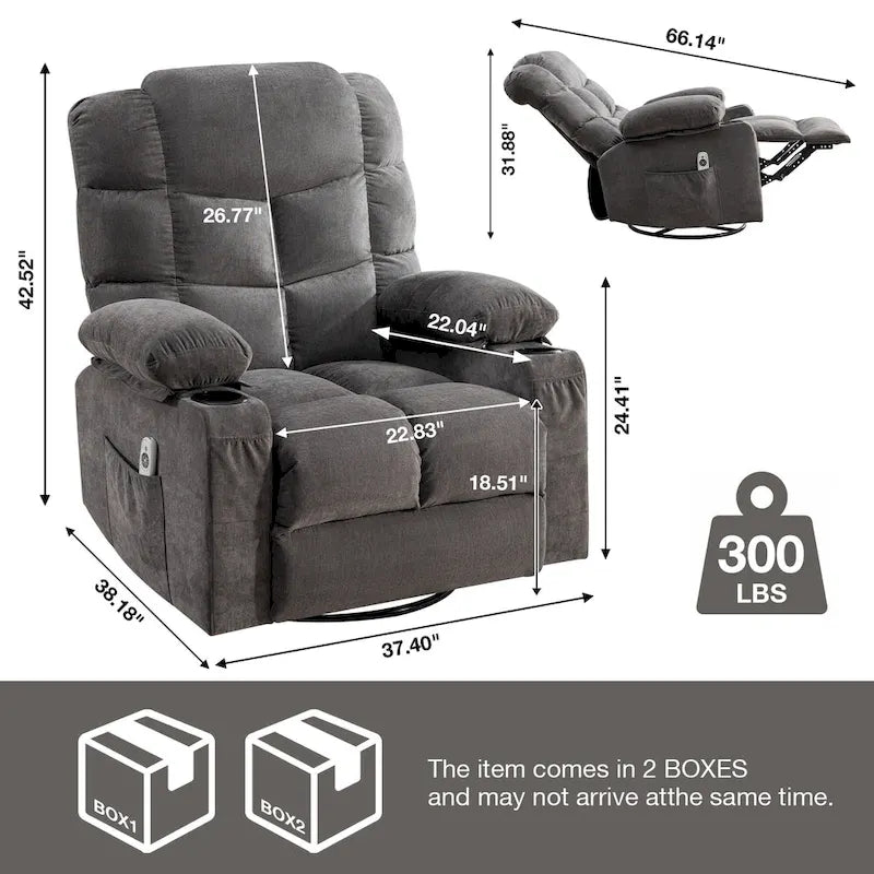 Oversized Massage Rocker Recliner with Heat and USB Charging, Blue Brown Grey