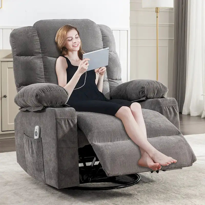 Oversized Massage Rocker Recliner with Heat and USB Charging, Blue Brown Grey
