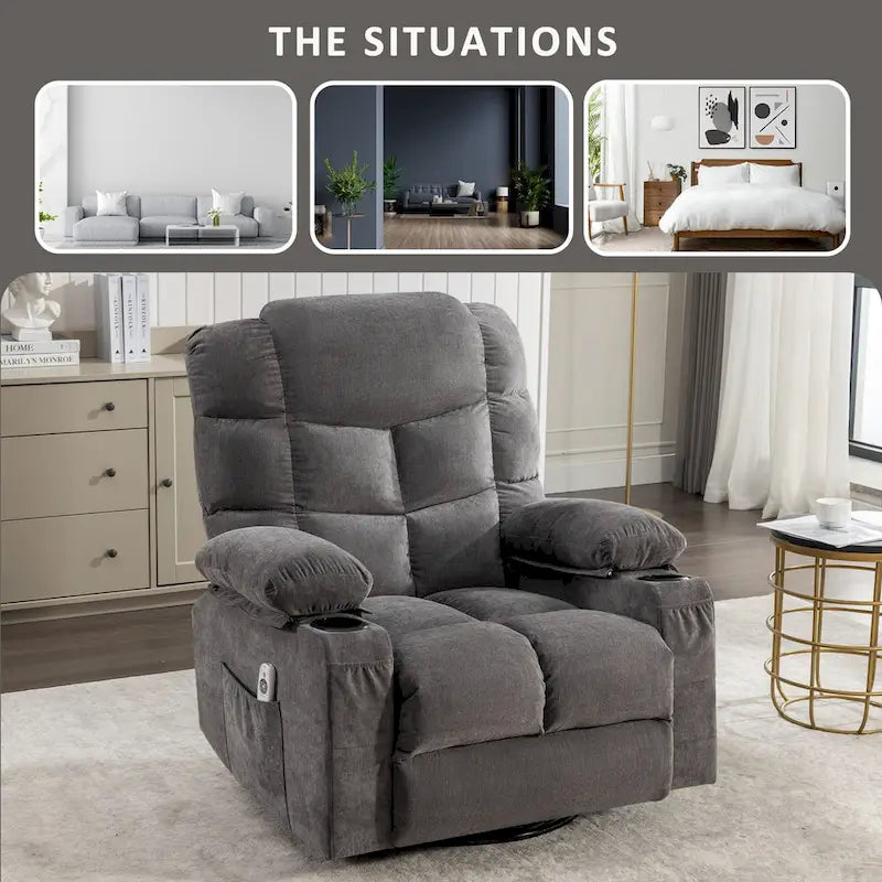 Oversized Massage Rocker Recliner with Heat and USB Charging, Blue Brown Grey