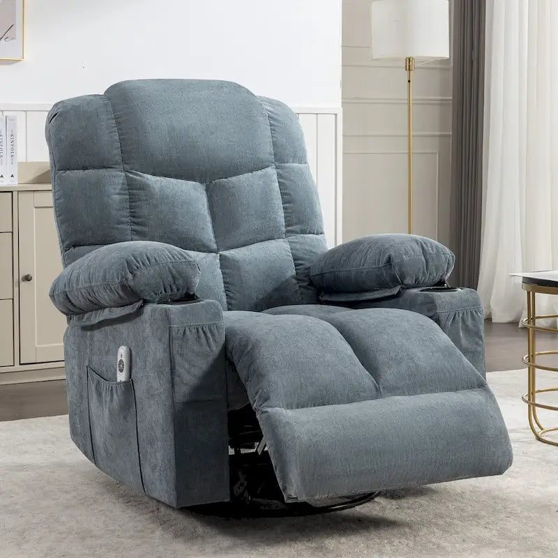 Oversized Massage Rocker Recliner with Heat and USB Charging, Blue Brown Grey