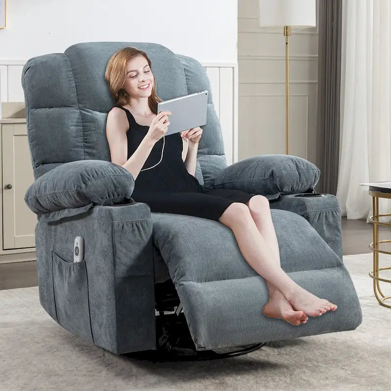 Oversized Massage Rocker Recliner with Heat and USB Charging, Blue Brown Grey