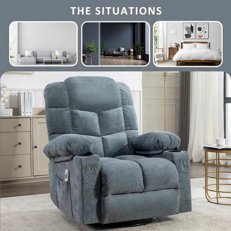 Oversized Massage Rocker Recliner with Heat and USB Charging, Blue Brown Grey