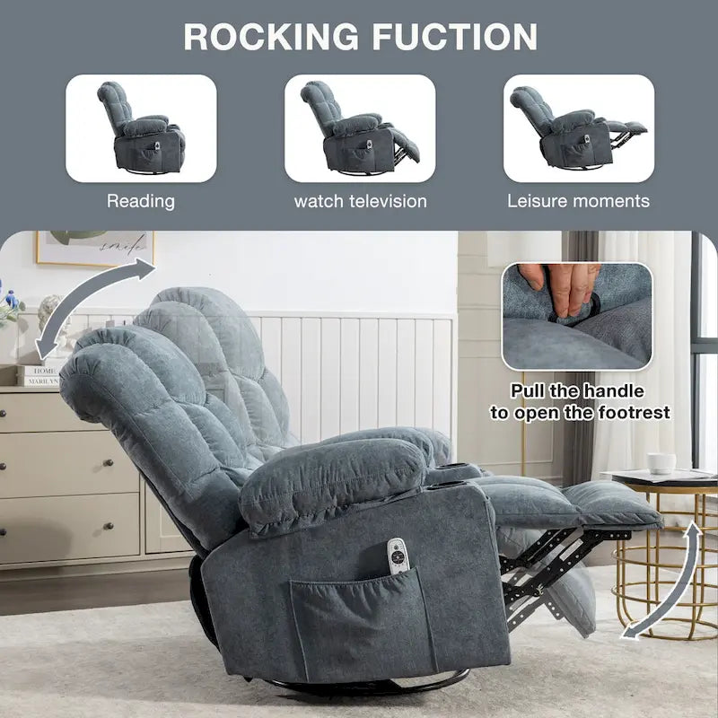 Oversized Massage Rocker Recliner with Heat and USB Charging, Blue Brown Grey