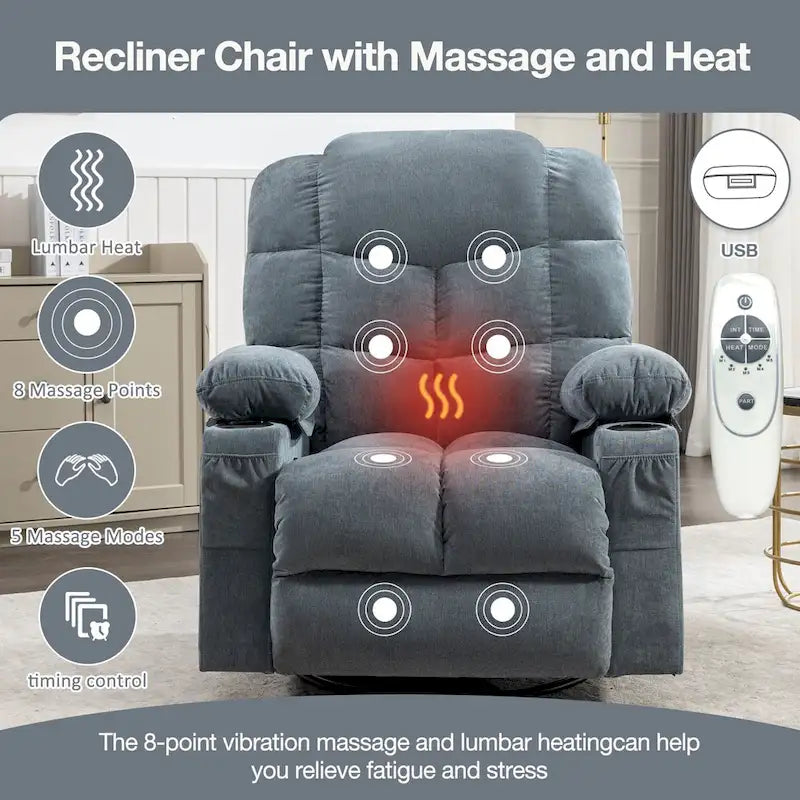 Oversized Massage Rocker Recliner with Heat and USB Charging, Blue Brown Grey