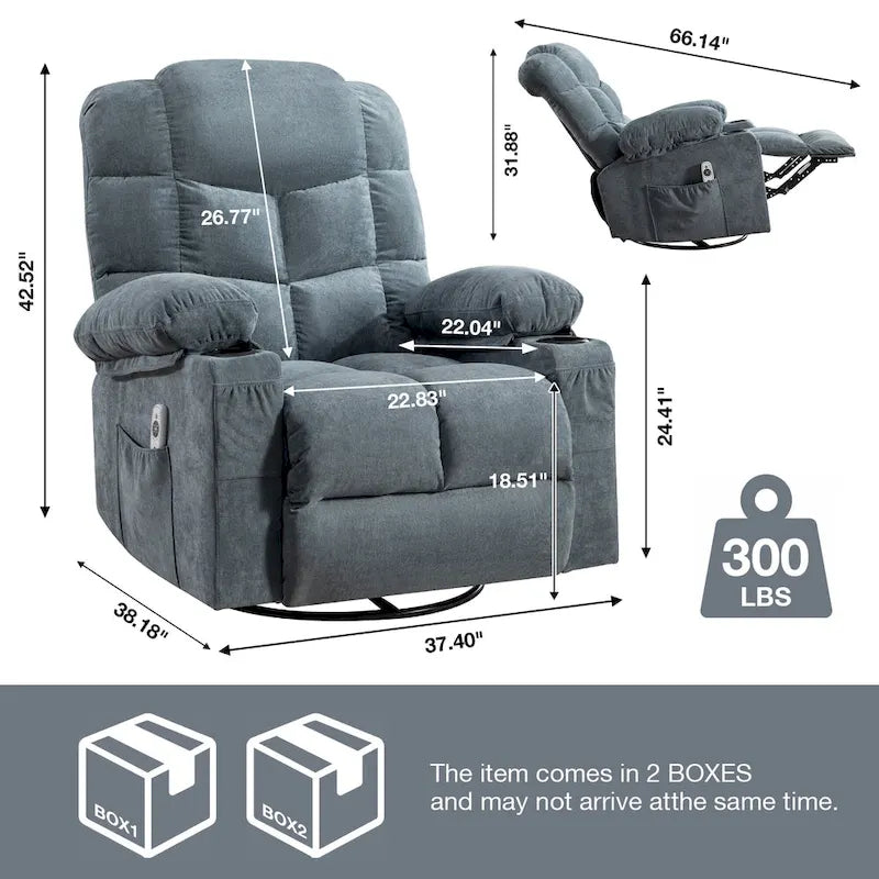 Oversized Massage Rocker Recliner with Heat and USB Charging, Blue Brown Grey