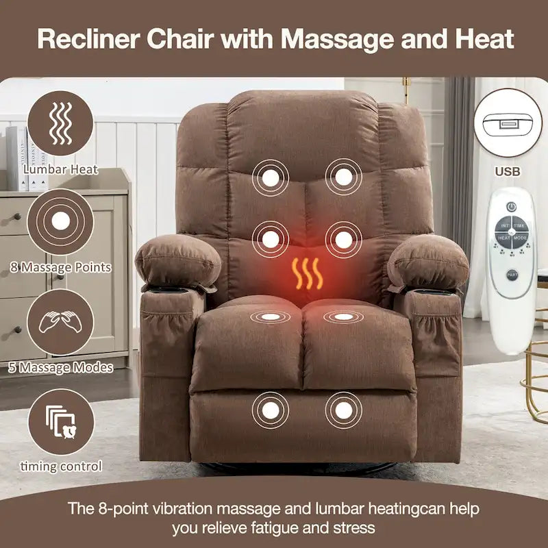Oversized Massage Rocker Recliner with Heat and USB Charging, Blue Brown Grey