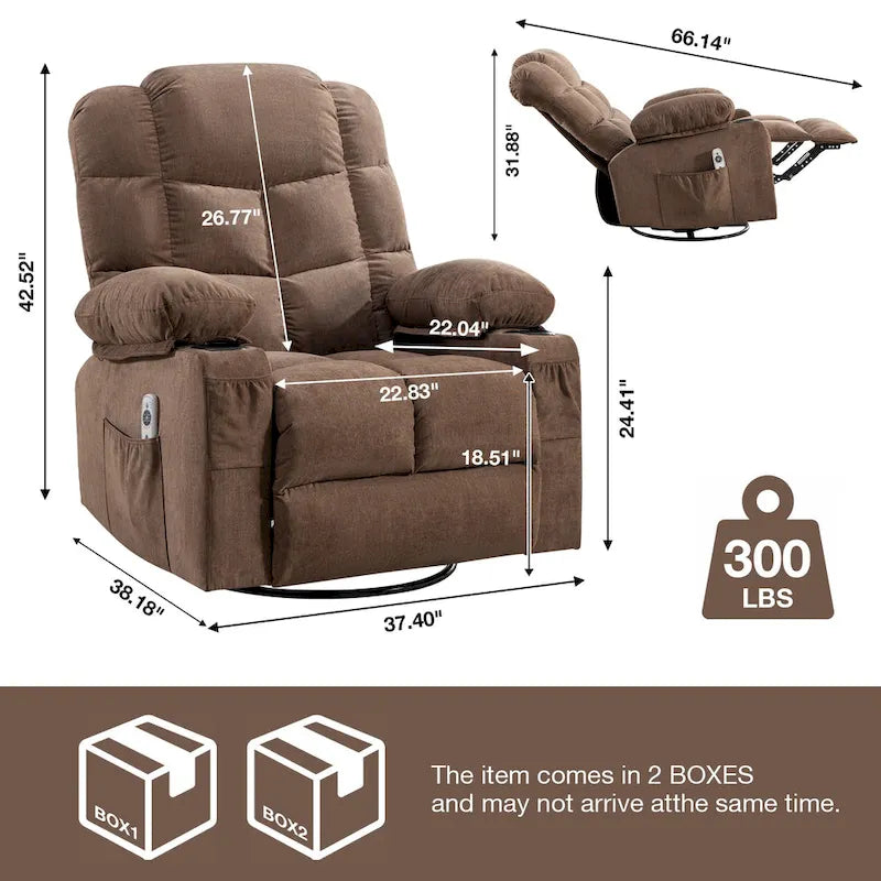 Oversized Massage Rocker Recliner with Heat and USB Charging, Blue Brown Grey