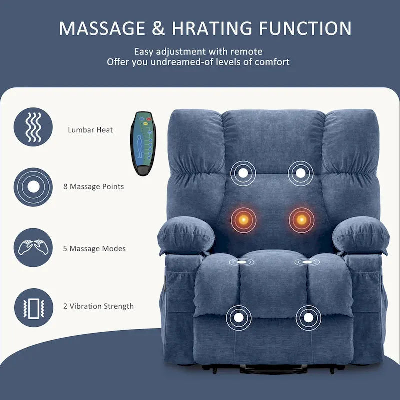 Power Lift Recliner with 8-Point Massage, Lumbar Heat, and USB Charging, Grey Blue Brown