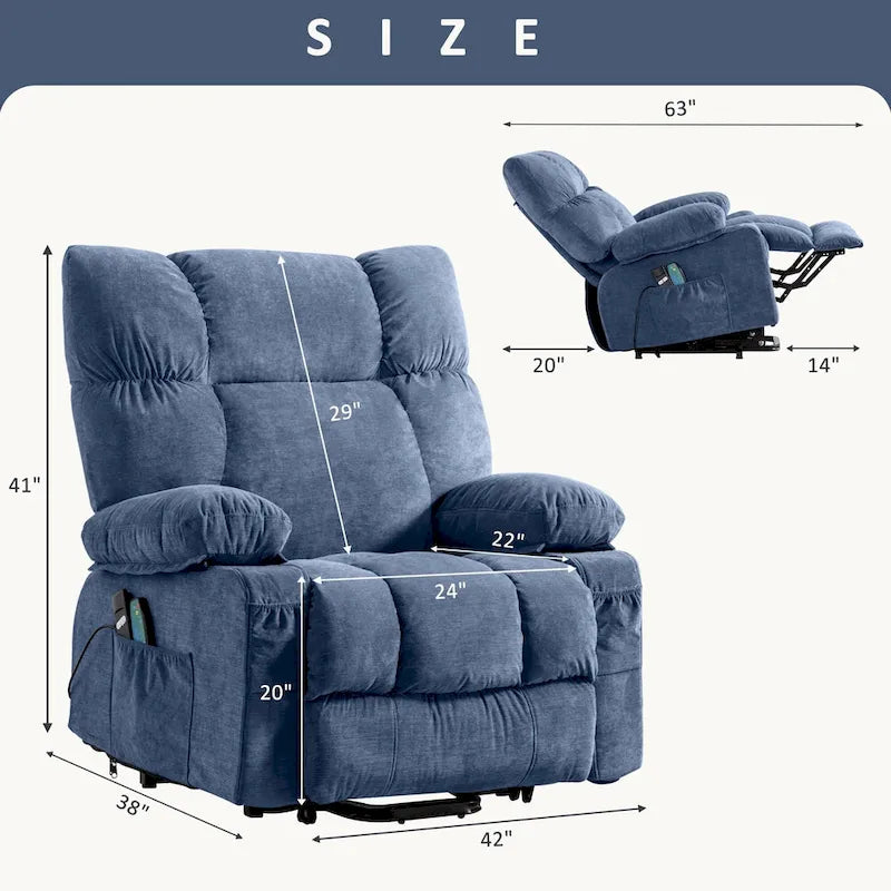 Power Lift Recliner with 8-Point Massage, Lumbar Heat, and USB Charging, Grey Blue Brown