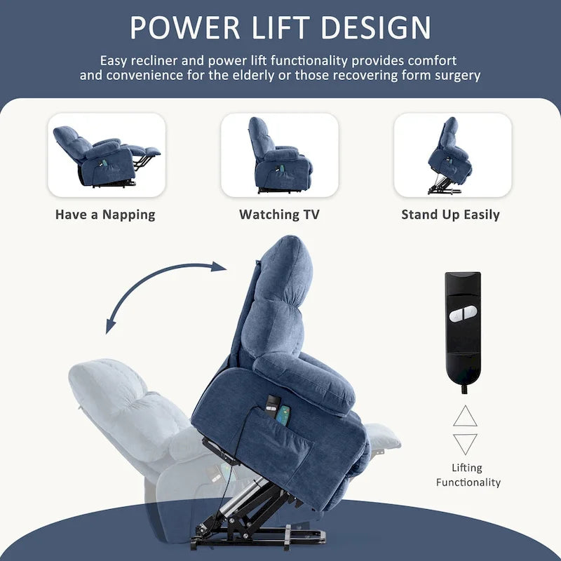 Power Lift Recliner with 8-Point Massage, Lumbar Heat, and USB Charging, Grey Blue Brown