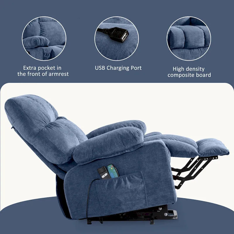 Power Lift Recliner with 8-Point Massage, Lumbar Heat, and USB Charging, Grey Blue Brown