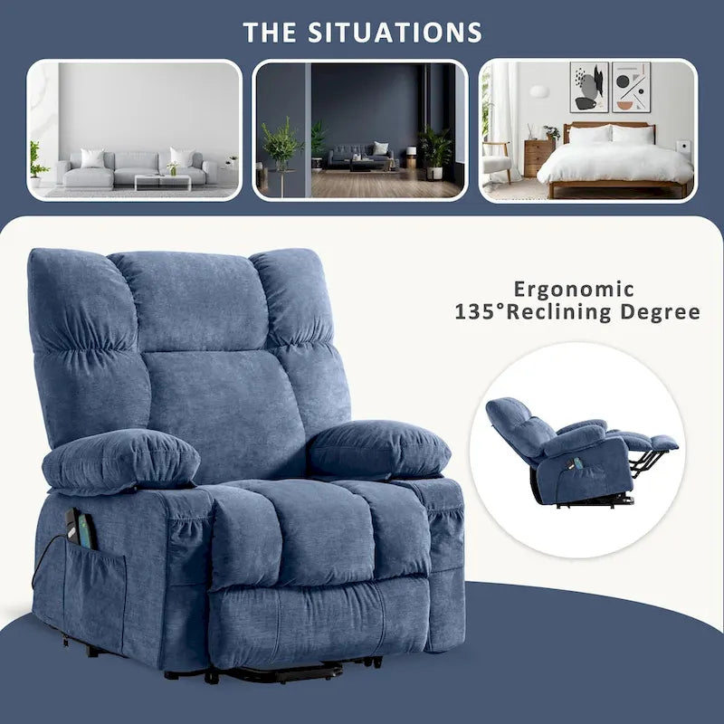 Power Lift Recliner with 8-Point Massage, Lumbar Heat, and USB Charging, Grey Blue Brown