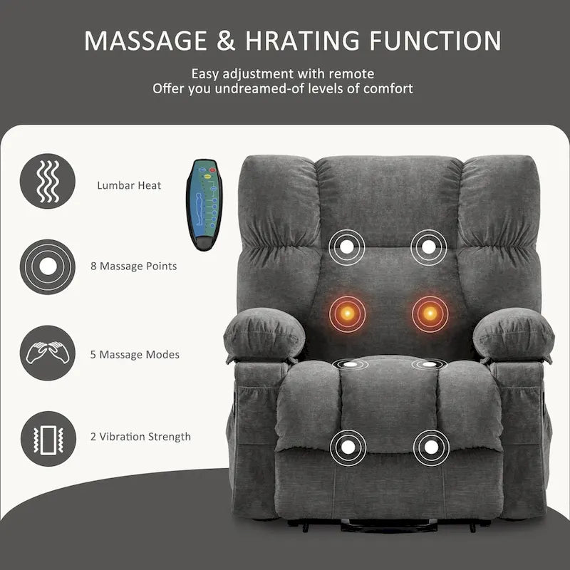 Power Lift Recliner with 8-Point Massage, Lumbar Heat, and USB Charging, Grey Blue Brown