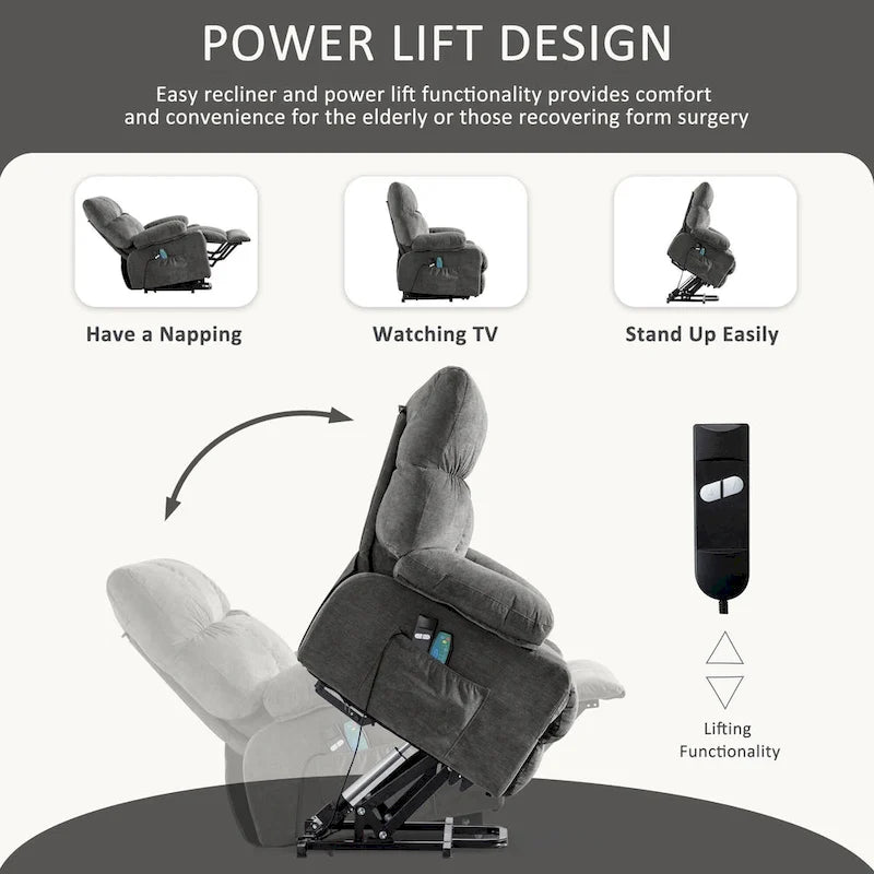 Power Lift Recliner with 8-Point Massage, Lumbar Heat, and USB Charging, Grey Blue Brown