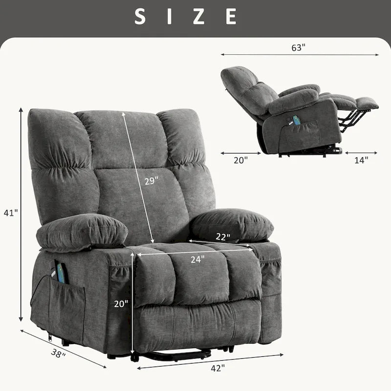 Power Lift Recliner with 8-Point Massage, Lumbar Heat, and USB Charging, Grey Blue Brown