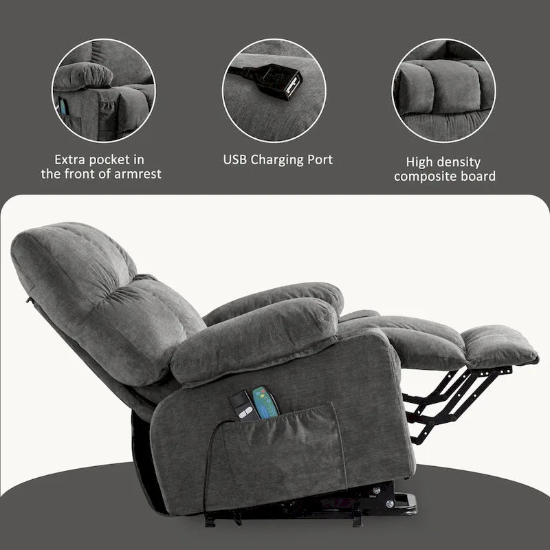 Power Lift Recliner with 8-Point Massage, Lumbar Heat, and USB Charging, Grey Blue Brown