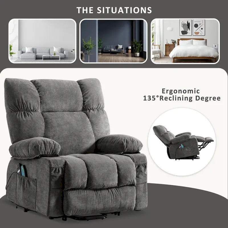 Power Lift Recliner with 8-Point Massage, Lumbar Heat, and USB Charging, Grey Blue Brown