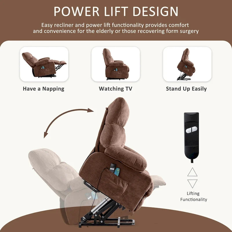 Power Lift Recliner with 8-Point Massage, Lumbar Heat, and USB Charging, Grey Blue Brown