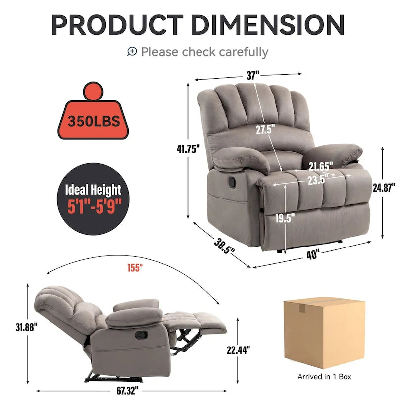 Oversized Manual Recliner Chair with 155-Degree Recline, Brown and Grey