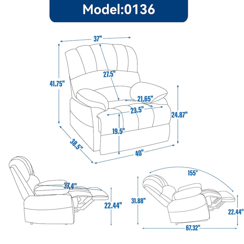Oversized Manual Recliner Chair with 155-Degree Recline, Brown and Grey