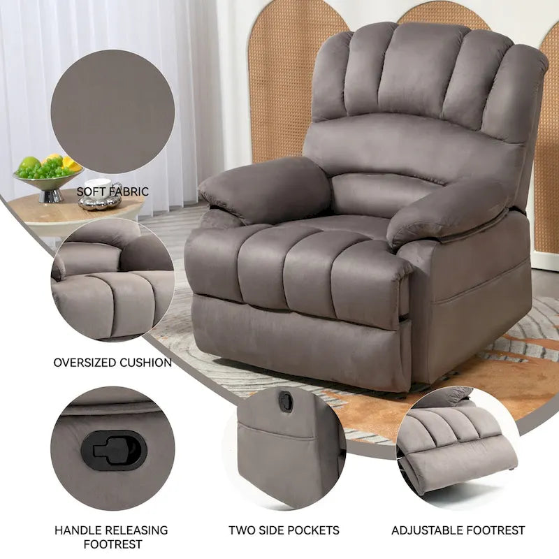 Oversized Manual Recliner Chair with 155-Degree Recline, Brown and Grey