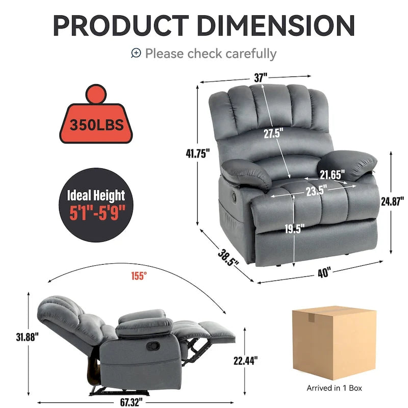 Oversized Manual Recliner Chair with 155-Degree Recline, Brown and Grey