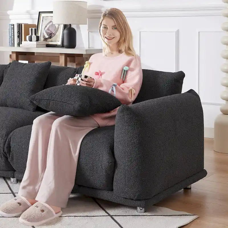 Oversized 3-Seater Sherpa Sofa with Solid Wood Frame and Metal Legs, 4 Colors