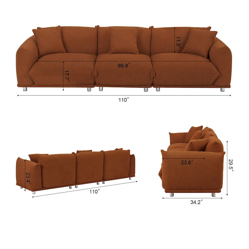 Oversized 3-Seater Sherpa Sofa with Solid Wood Frame and Metal Legs, 4 Colors
